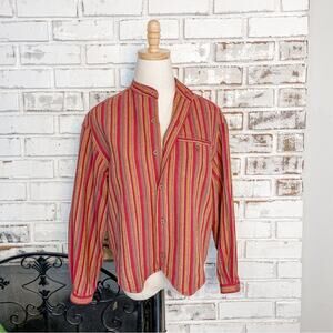 Vintage 90s Liz Wear Petite Red Metallic Gold Multi Stripe Linen Long Sleeve Top